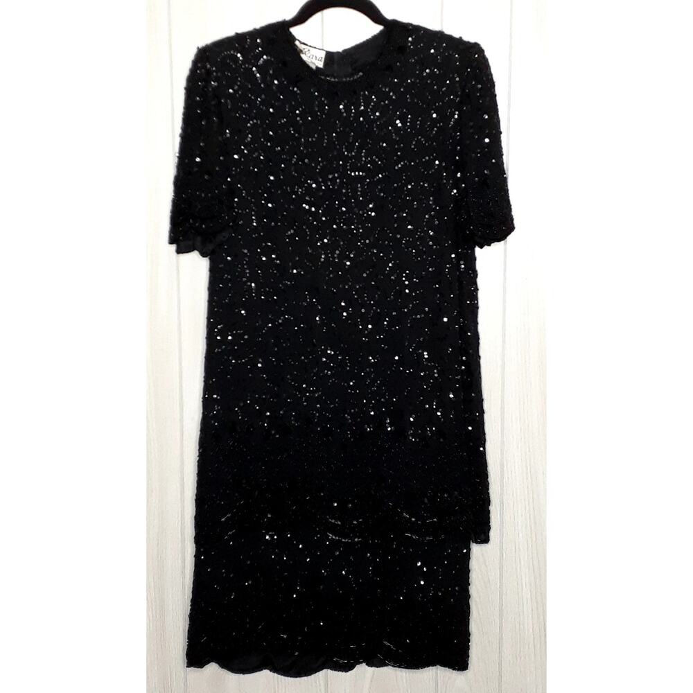 JKara Vintage Black 100% Silk Tiered Highly Embellished Lined Size Large